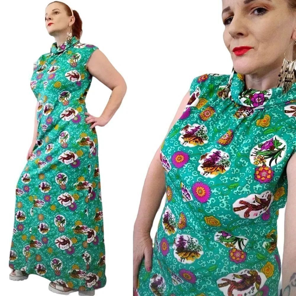 VTG 60s Handmade Green Groovy Floral Print High Neck Maxi Dress Large‎